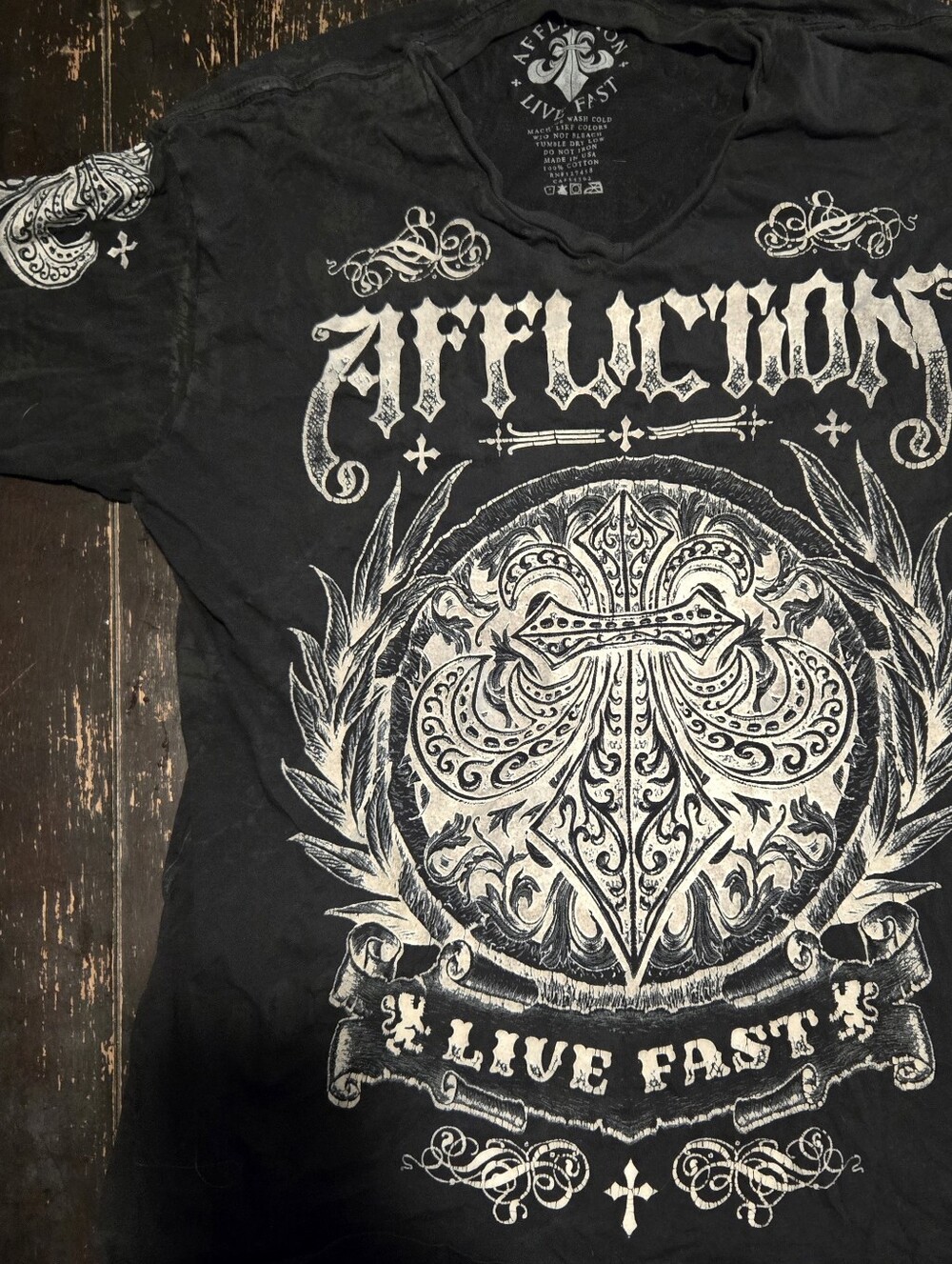Affliction Men's Black Graphic Tee with White Crest Print